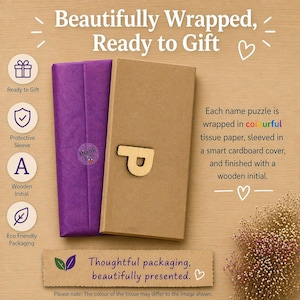 Puede incluir: Un paquete de regalo con papel de seda morado y una caja de cart&oacute;n marr&oacute;n, con una inicial de madera. El texto dice "Beautifully Wrapped, Ready to Gift" y "Thoughtful packaging, beautifully presented."