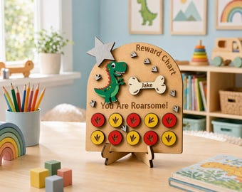 Personalised Wooden Reward Chart with Unicorns & Dinosaurs for Pocket Money, Good Behaviour, Homework or Potty Training