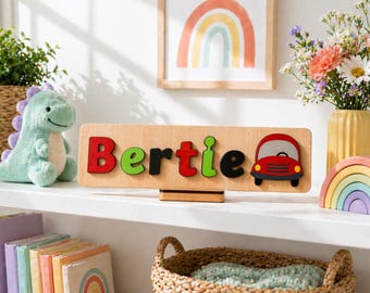 Personalised Wooden Name Puzzle with Vehicles: Montessori Keepsake, Nursery Decor