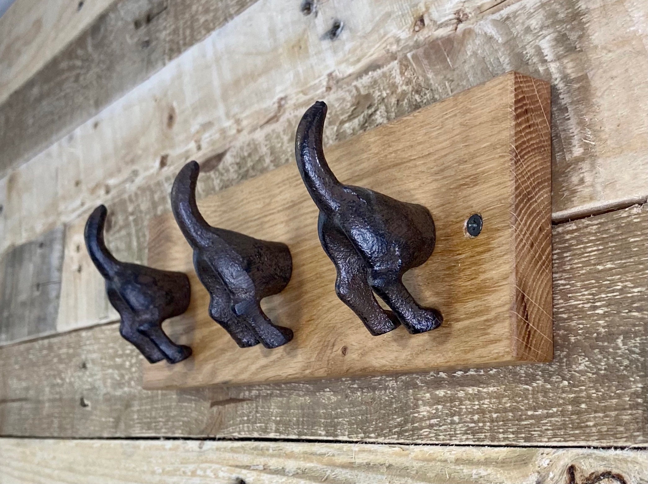 Solid Oak Cast Iron Dog Hooks Dog Tails Leash Hanger Leash Etsy