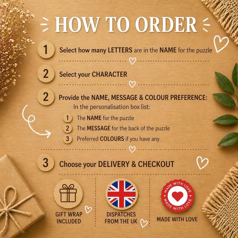 Puede incluir: Instrucciones sobre un fondo de madera para pedir un rompecabezas personalizado. El texto dice "C&Oacute;MO ORDENAR" con pasos numerados. Incluye iconos para envoltorio de regalo, env&iacute;o desde el Reino Unido y un sello "Hecho con amor". Los pasos incluyen seleccionar letras, personaje, nombre, mensaje y color.