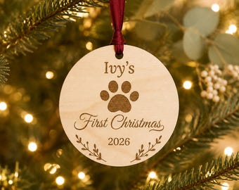 Personalised Pet First Christmas Bauble, Wooden Dog or Cat Decoration