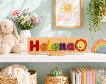 Personalised Wooden Name Puzzle with Character: Montessori Keepsake, Nursery Decor