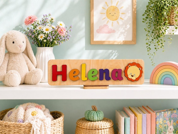 Personalised Wooden Name Puzzle with Character: Montessori Keepsake, Nursery Decor