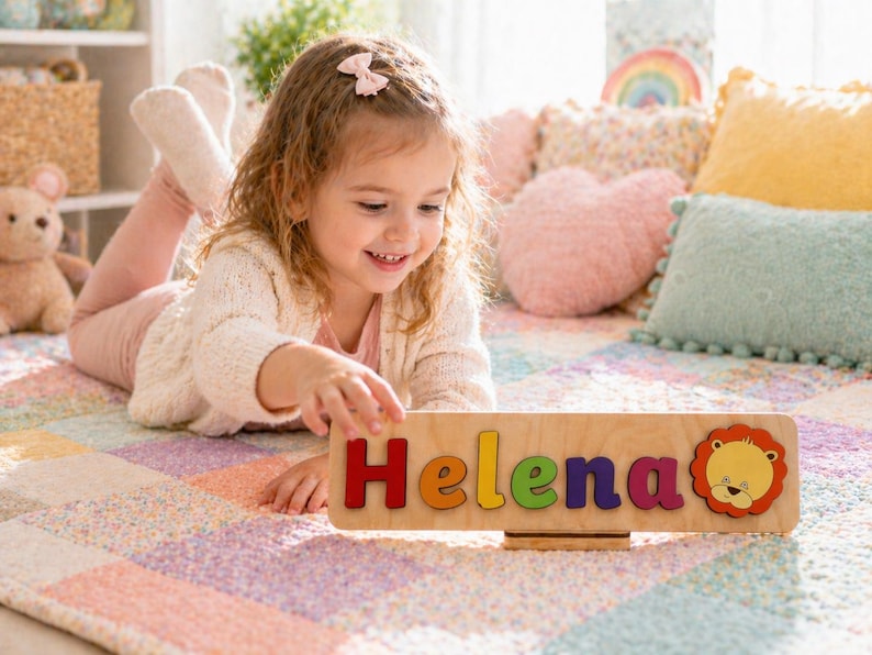 Puede incluir: Un rompecabezas de madera con el nombre "Helena" en letras coloridas. El rompecabezas incluye un gr&aacute;fico de le&oacute;n y se muestra sobre una alfombra colorida. La ni&ntilde;a lleva un su&eacute;ter blanco y pantalones rosas.