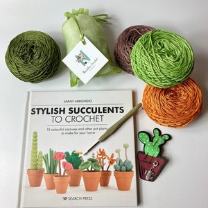 Crocheted Succulents Kit. Book, luxury yarn, crochet hook, cactus stitch marker & accessories. Make the cutest desk buddies!