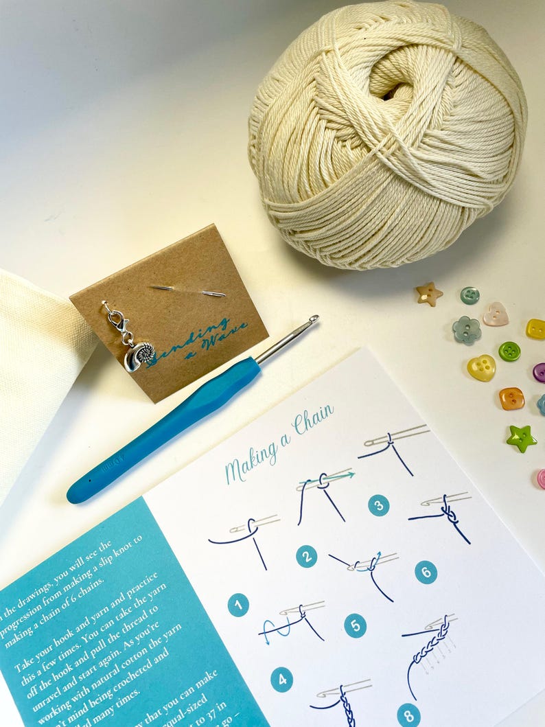 Learn to Crochet Kit. Beginners! Make 6 designs with just one stitch. Discover a love of crochet step by step with luxury organic materials! image 2