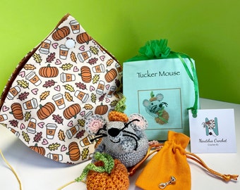 Pumpkin Spice Yarn Bag Gift Set. Including Tucker Mouse Crochet Kit, Pumpkin Crochet Kit, Crochet Hook & Silver Pumpkin Stitch Marker