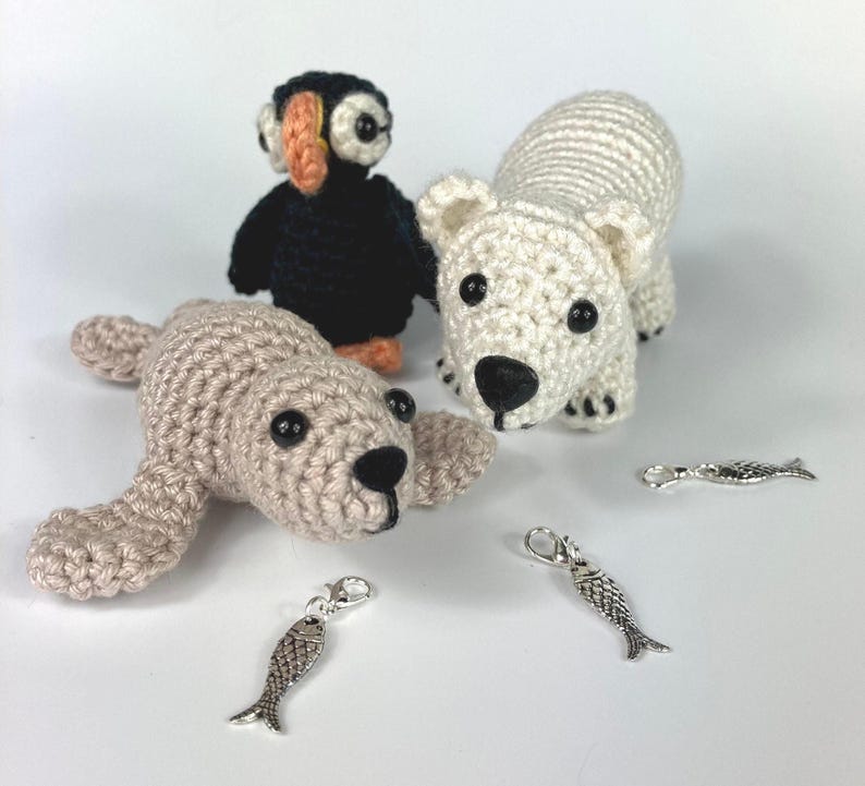 Amigurumi Harp Seal Kit. A full kit with luxury yarns and fittings plus a silver fish stitch-marker. image 4