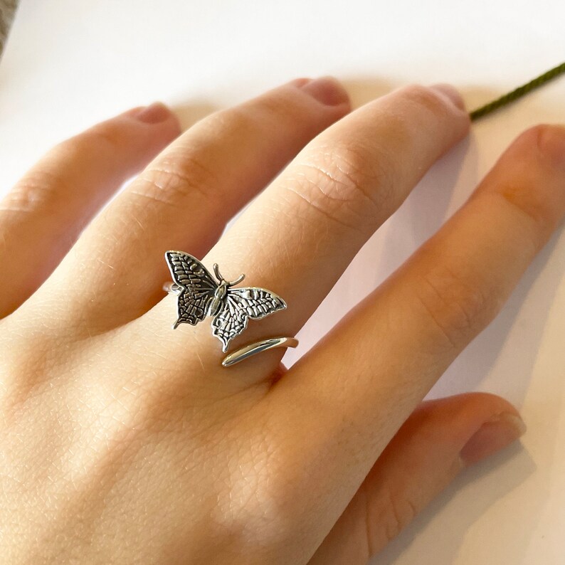 Butterfly Sterling Silver Crochet Ring. Adjustable size for crochet tension and comfort. Painted Lady Butterfly Silver Ring. image 7