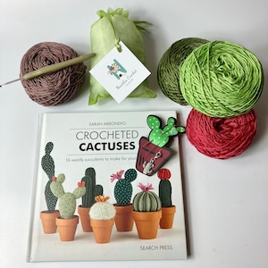 Crocheted Cactuses Kit. Book, luxury yarn, crochet hook, cactus marker/charm and accessories. Gorgeous gifts & the cutest desk mascots!