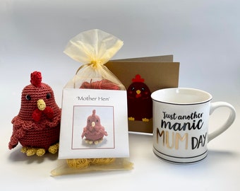 Mum Gift Set! Whimsical Mother Hen Amigurumi Crochet Kit, Sass & Belle Manic Mum Day China Mug plus Handmade Card. Perfect for Gifting!
