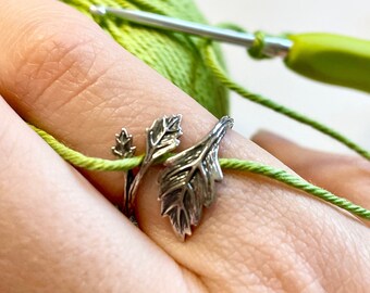 Leaf Crochet Ring. Handmade in Recycled Silver. Beautifully detailed leaves in a wrap cuff ring. Adjustable for crochet tension.