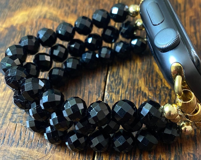 Diamond Cut Tourmaline Stainless Steel Beaded Apple Watch Band