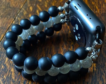 Matte Black Obsidian Labradorite Stainless Steel Beaded Apple Watch Band