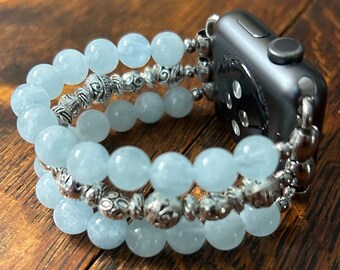 Aquamarine Tibetan Silver and Stainless Steel Beaded Apple Watch Band