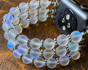 White Aura Crystal Tibetan Daisy Rings Stainless Steel Beaded Apple Watch Band
