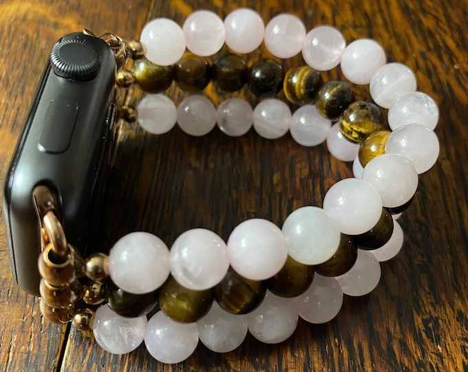 Rose Quartz Tiger's Eye Stainless Steel Beaded Apple Watch Band