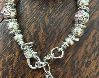 Silver Pandora-inspired Charm Bracelet with Flower Beads - You pick your color