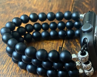 Matte Black Obsidian Beaded Apple Watch Band