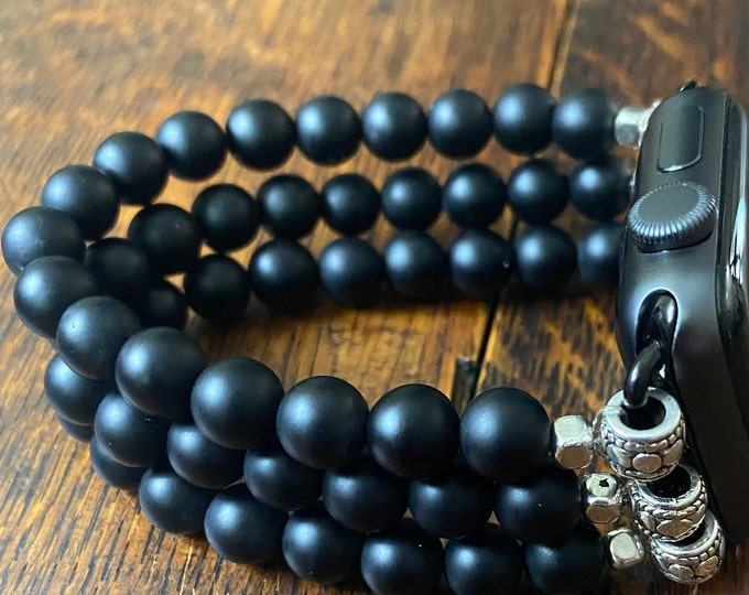 Matte Black Obsidian Beaded Apple Watch Band