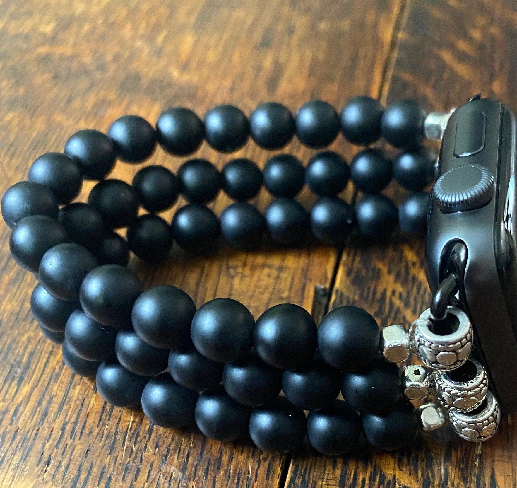 Matte Black Obsidian Beaded Apple Watch Band - Etsy