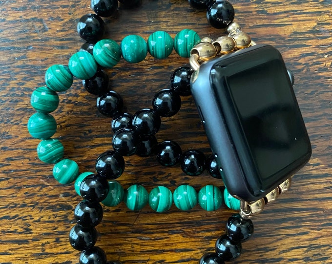 Malachite Black Obsidian Stainless Steel Beaded Apple Watch Band