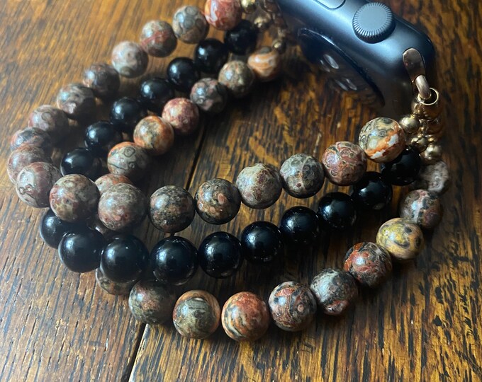 Tourmaline Leopard Skin Jasper Stainless Steel Beaded Apple Watch Band