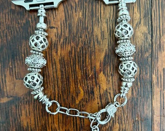 Silver Pandora-inspired Bracelet with Clear Rhinestones & Round Beads for Apple Watch