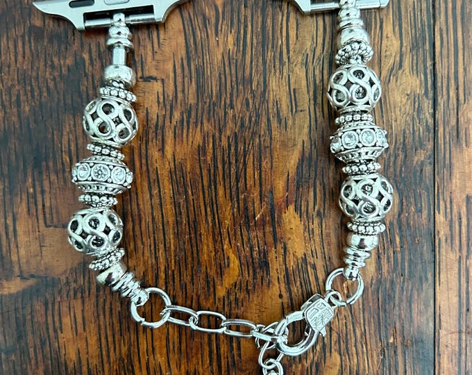 Silver Pandora-inspired Bracelet with Clear Rhinestones & Round Beads for Apple Watch