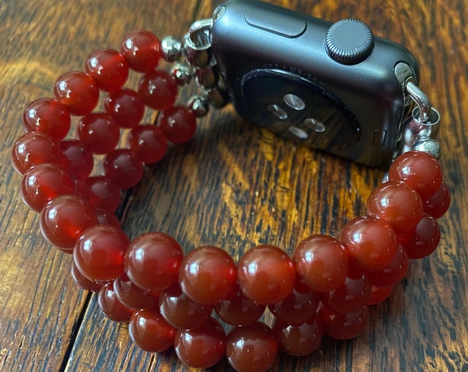 Red Agate Stainless Steel Beaded Apple Watch Band