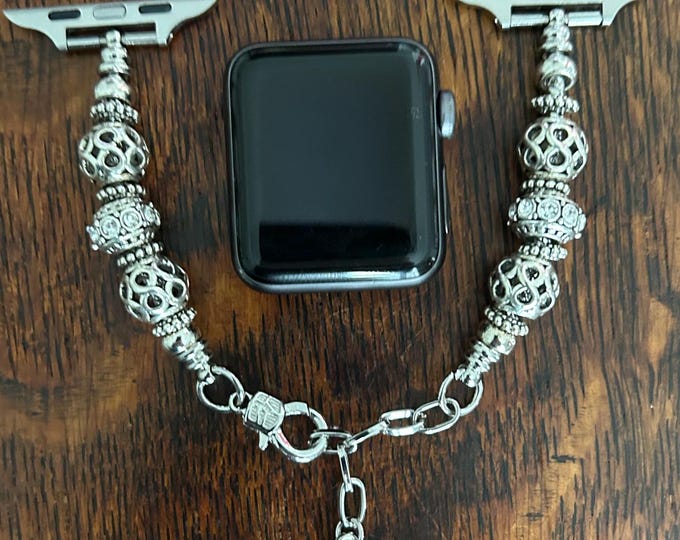 Pandora Compatible Apple Watch Band – Customizable Charm Bracelet Band with Rhinestone Beads, Stainless Steel Strap, Fits 5.5"–8" Wrist