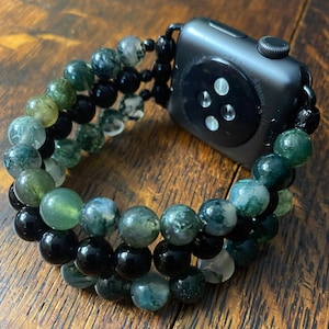 Moss Agate Black Obsidian Stainless Steel Beaded Apple Watch Band