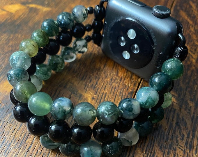 Moss Agate Black Obsidian Stainless Steel Beaded Apple Watch Band