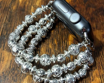 Silver Beaded Apple Watch Band on Stainless Steel