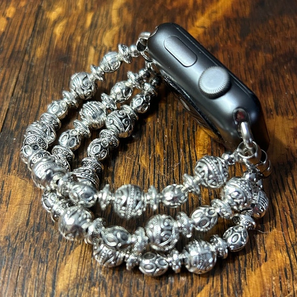 Tibetan Silver Stainless Steel Beaded Apple Watch Band