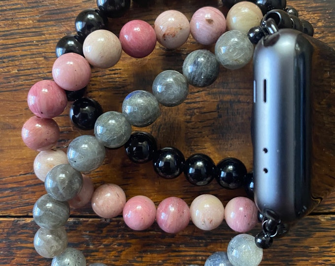 Rhodochrosite Black Obsidian Labradorite Stainless Steel Beaded Apple Watch Band