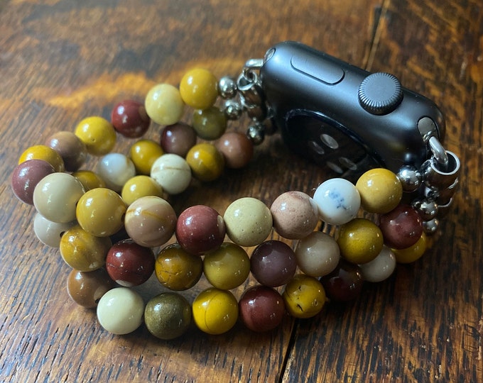 Mookaite Jasper Stainless Steel Beaded Apple Watch Band
