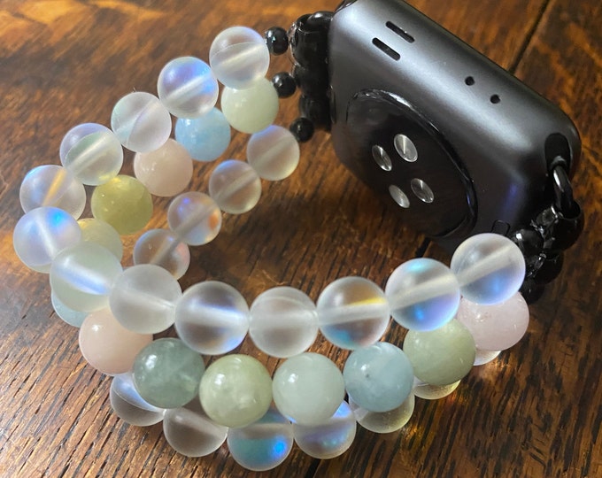 Morganite White Aura Quartz Crystal Stainless Steel Beaded Apple Watch Band