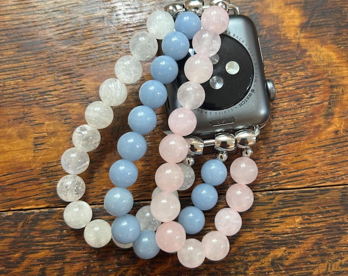 Moonstone Angelite Rose Quartz Beaded Apple Watch Band on Stainless Steel