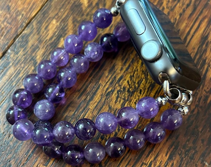 Amethyst 2-strand 8mm Beaded Apple Watch Band on Stainless Steel