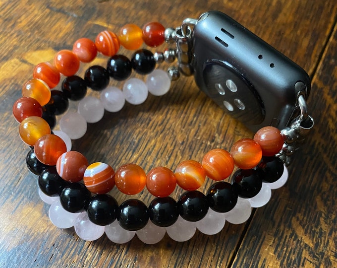 Red Cornelian Black Obsidian Rose Quartz Stainless Steel Beaded Apple Watch Band