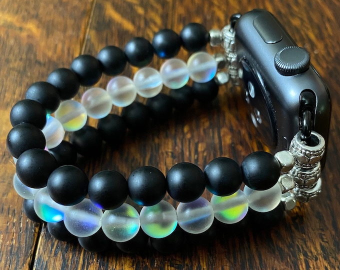 Matte Black Obsidian White Aura Quartz Crystal Beaded Apple Watch Band