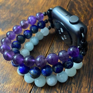 Amethyst Lapis Lazuli Aquamarine Stainless Steel Beaded Apple Watch Band