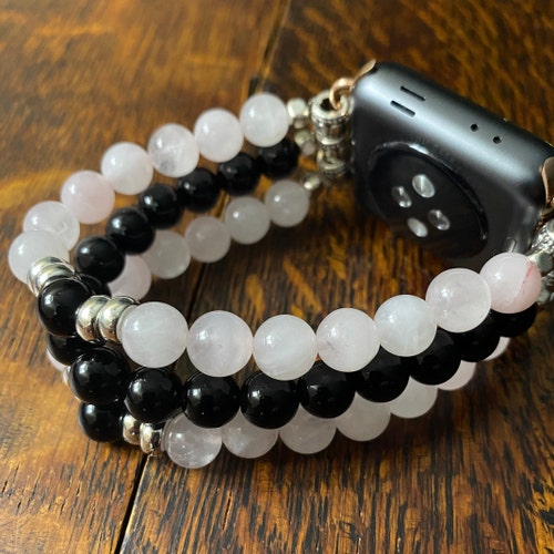 Black Obsidian Rose Quartz Beaded Apple Watch Band Etsy
