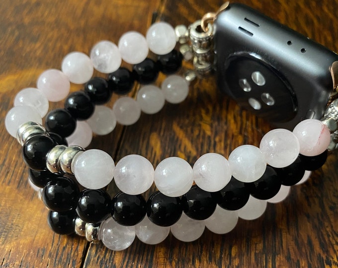 Rose Quartz Black Obsidian Beaded Apple Watch Band