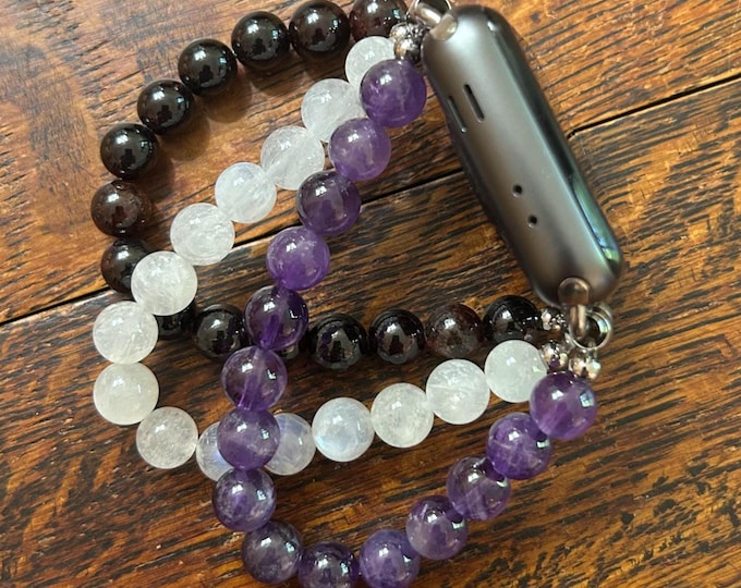 Moonstone Garnet Amethyst Beaded Apple Watch Band with Stainless Steel
