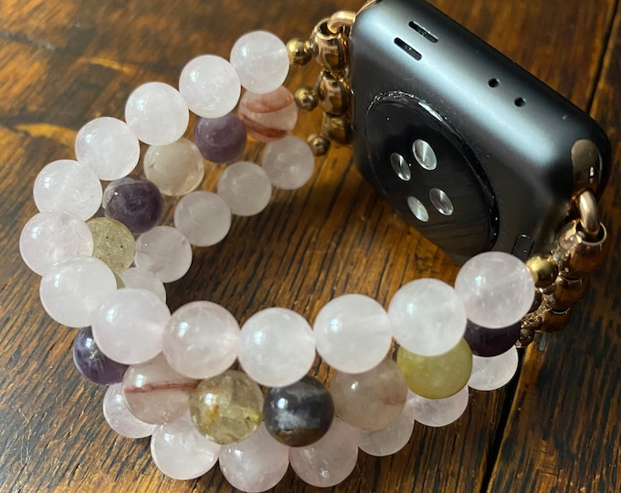 Auralite 23 Rose Quartz Stainless Steel Beaded Apple Watch Band