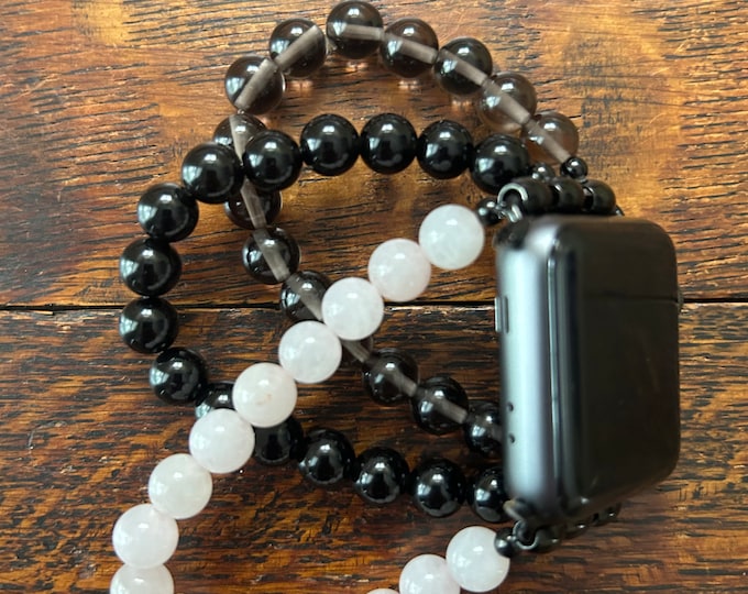 Smokey Quartz Black Obsidian Rose Quartz Stainless Steel Beaded Apple Watch Band