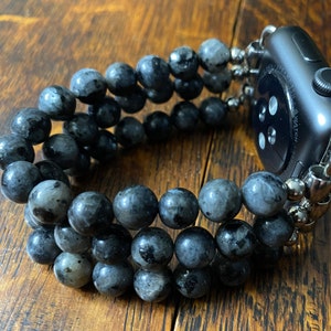 Black Labradorite Stainless Steel Beaded Apple Watch Band